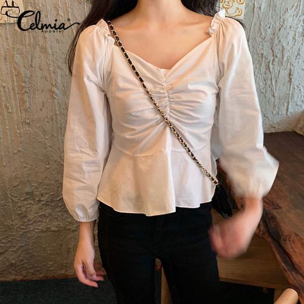 celmia 2020 fashion women solid blouses ladies long puff sleeve v-neck casual ruffles shirt elegant blusas feminina, White